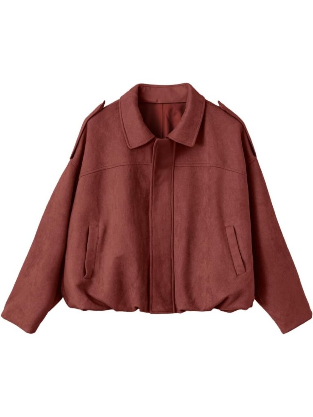 Women's Red Sandalwood Faux Suede Cropped Bomber Jacket Long Sleeve Zip Up Coat
